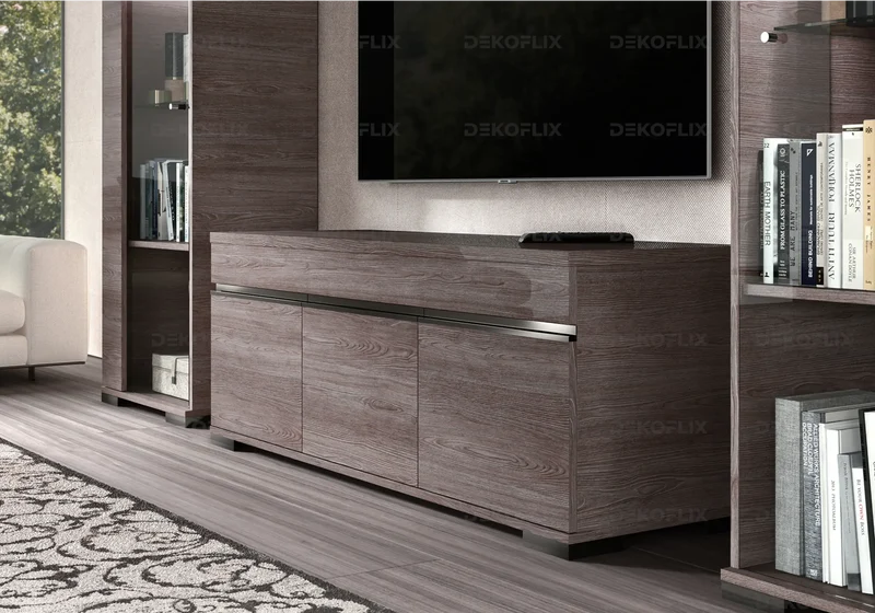 Meuble TV 149 cm orme laqué et pieds noirs design - Viola