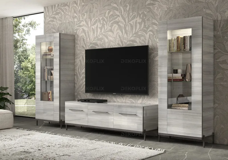Meuble TV 3 portes gris argent laqué design - Mia