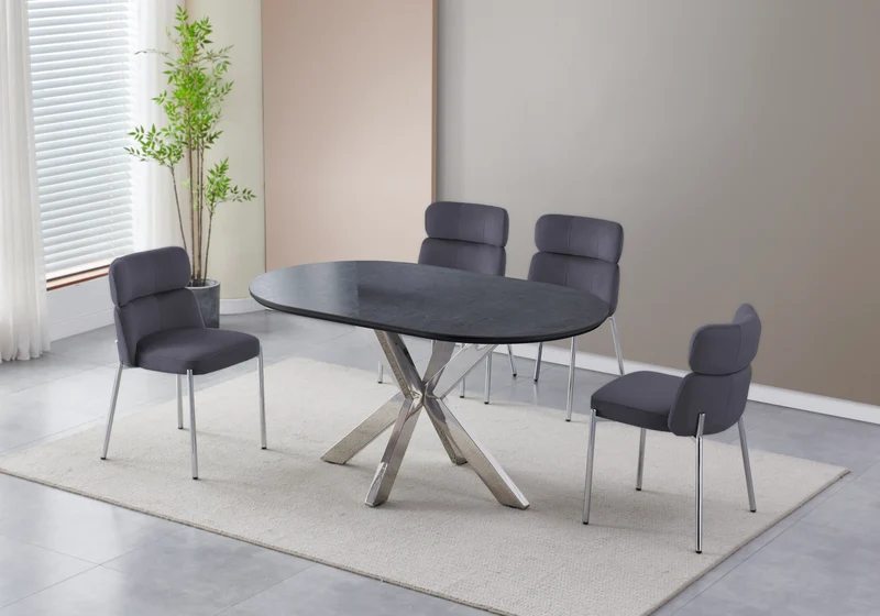 Table ovale pierre noir et 4 chaises argent – Nora