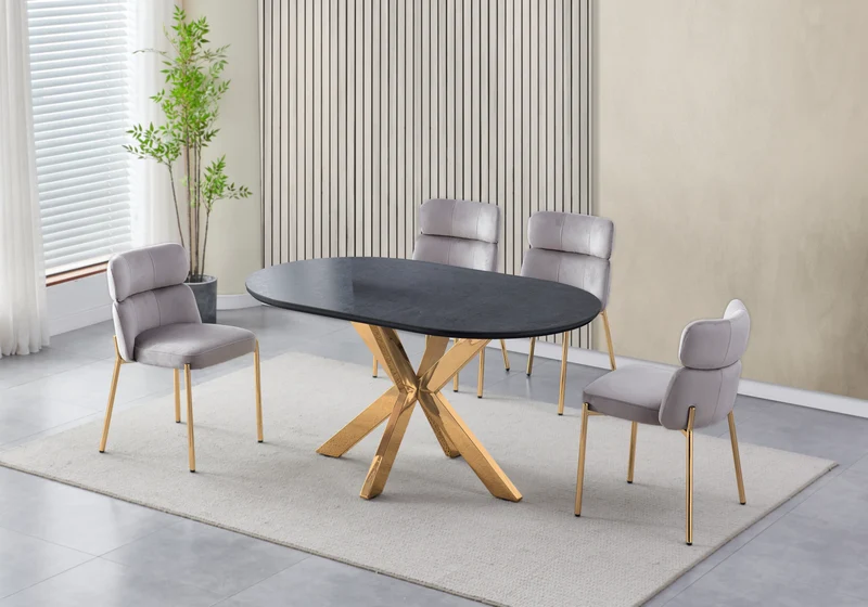 Table ovale pierre noir et 4 chaises doré – Nora