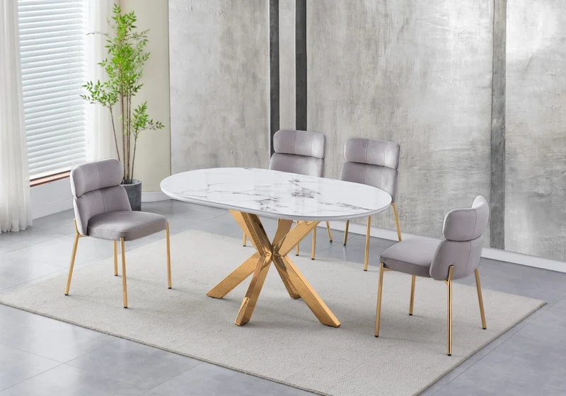 Table ovale marbre blanc et 4 chaises doré – Nora