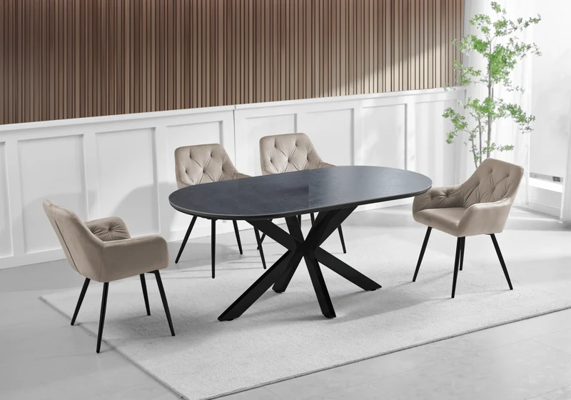 Ensemble table pierre noir et 4 fauteuils – Otho