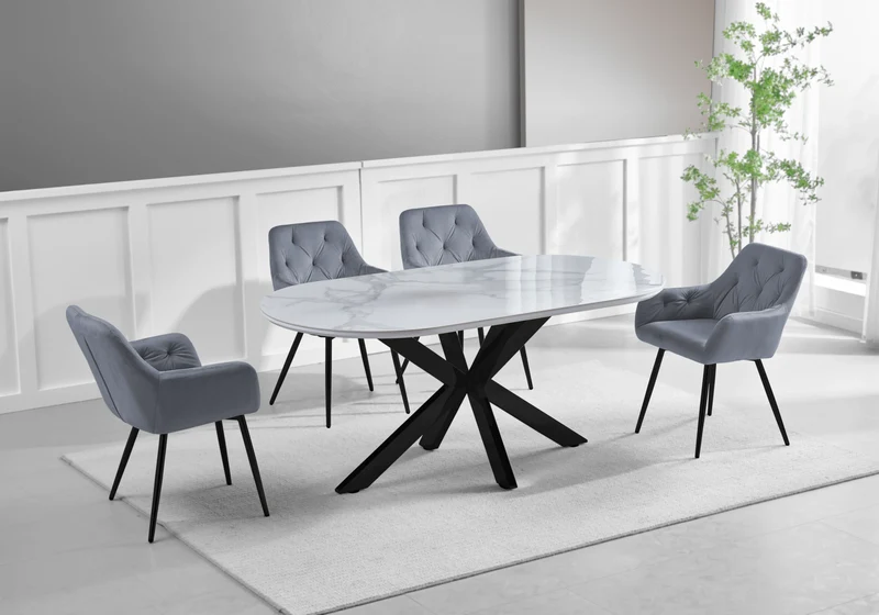 Ensemble table marbre blanc et 4 fauteuils – Otho