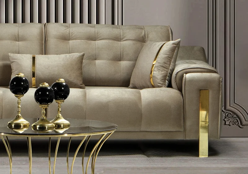 Canapé Turc Capitonné Velours Beige Design Doré - SINEM