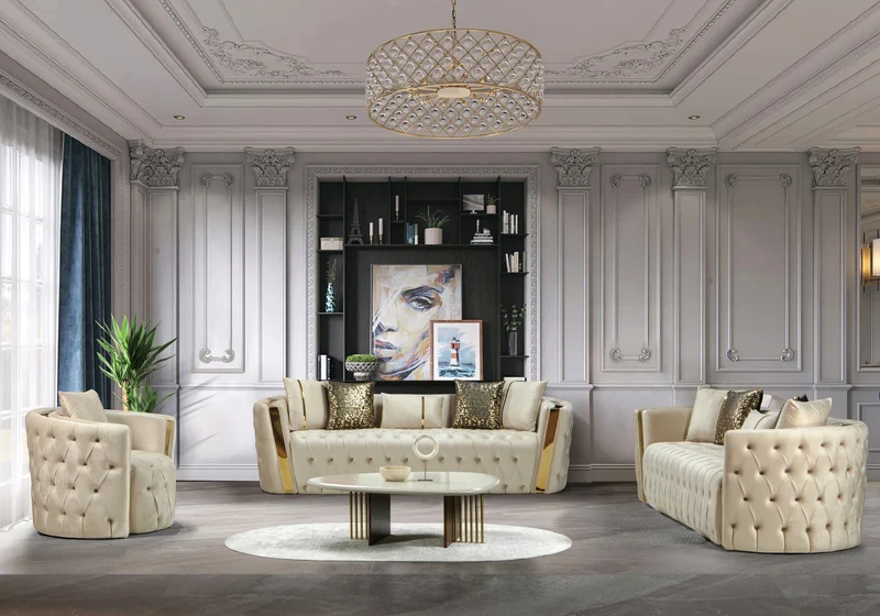 Canapé Turc Capitonné Chester Velours Beige Doré - NAPOLI
