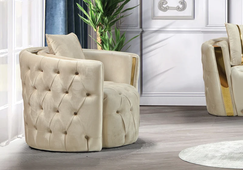 Canapé Turc Capitonné Chester Velours Beige Doré - NAPOLI