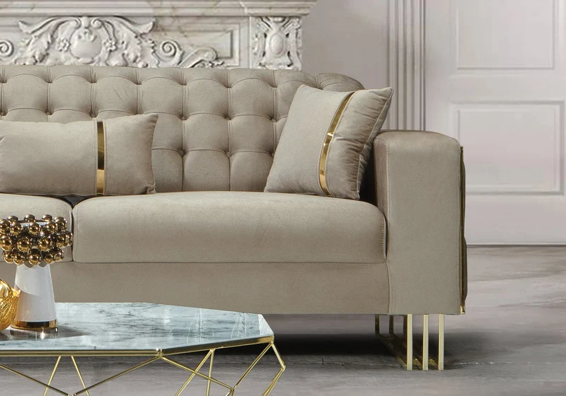 Canapé Turc Angle Capitonné Velours Beige Design Métal Doré – RIBELLA