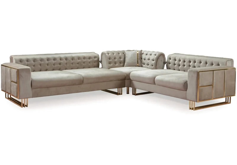 Canapé Turc Angle Capitonné Velours Beige Design Métal Doré – RIBELLA