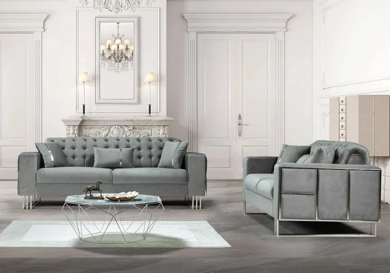 Canapé Turc Capitonné Velours Gris Design Métal Argent – RIBELLA