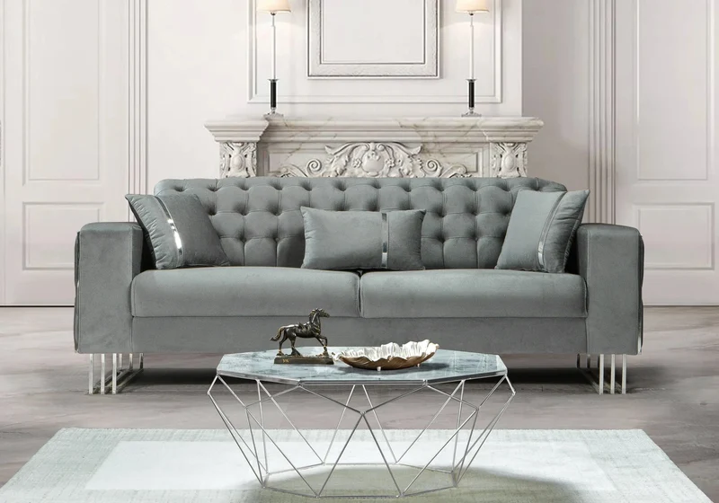 Canapé Turc Capitonné Velours Gris Design Métal Argent – RIBELLA