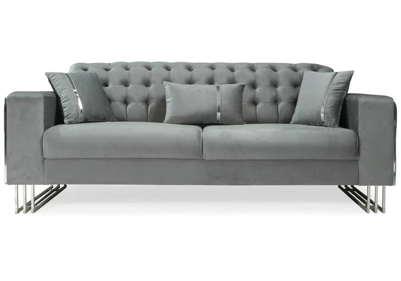 Canapé Turc Capitonné Velours Gris Design Métal Argent – RIBELLA