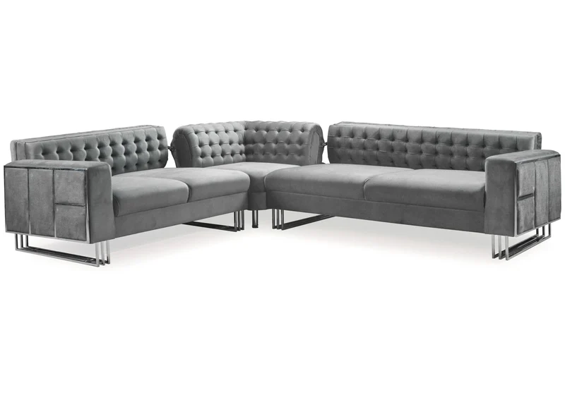 Canapé Turc Capitonné Velours Gris Design Métal Argent – RIBELLA