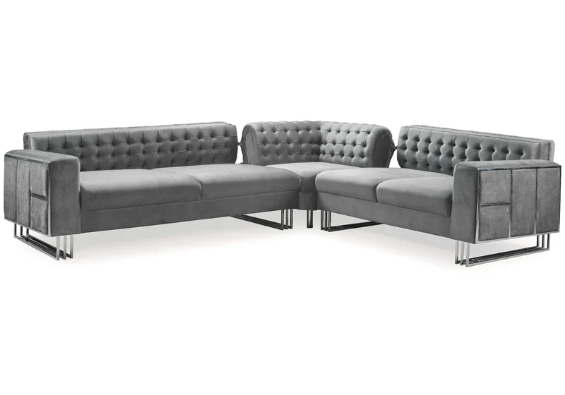 Canapé Turc Capitonné Velours Gris Design Métal Argent – RIBELLA