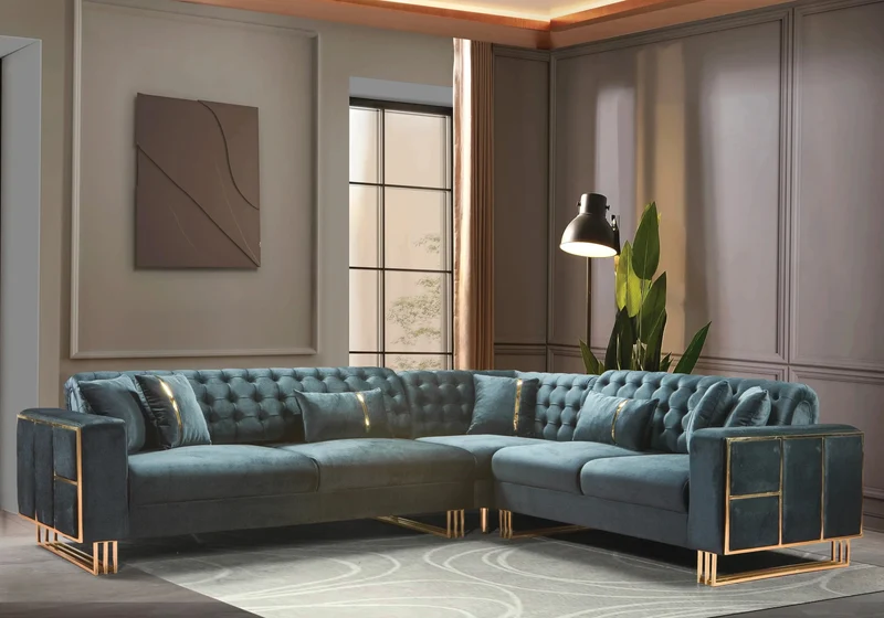 Canapé Turc Capitonné Velours Anthracite Design Métal Doré – RIBELLA