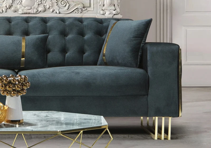 Canapé Turc Capitonné Velours Anthracite Design Métal Doré – RIBELLA