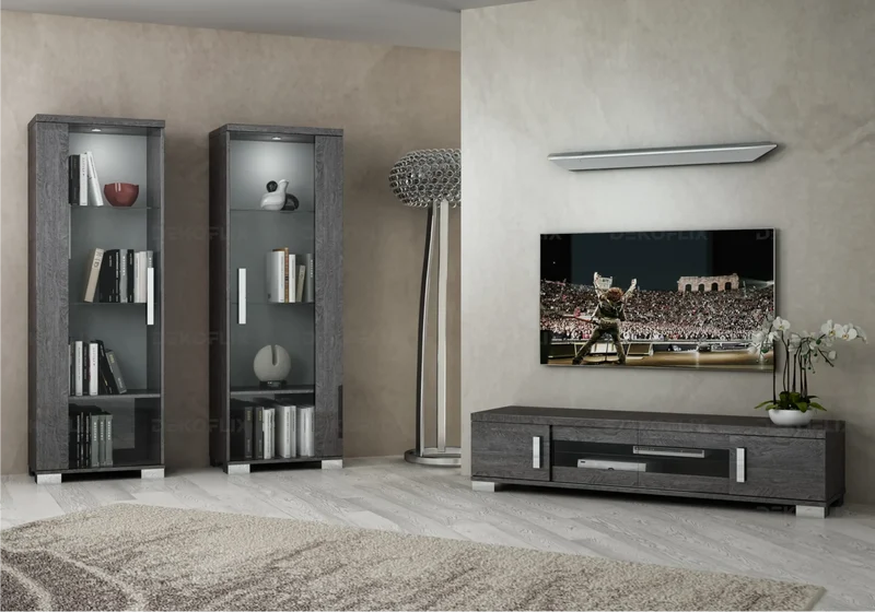 Meuble TV 3 ou 4 portes bouleau gris laqué design - Sarah