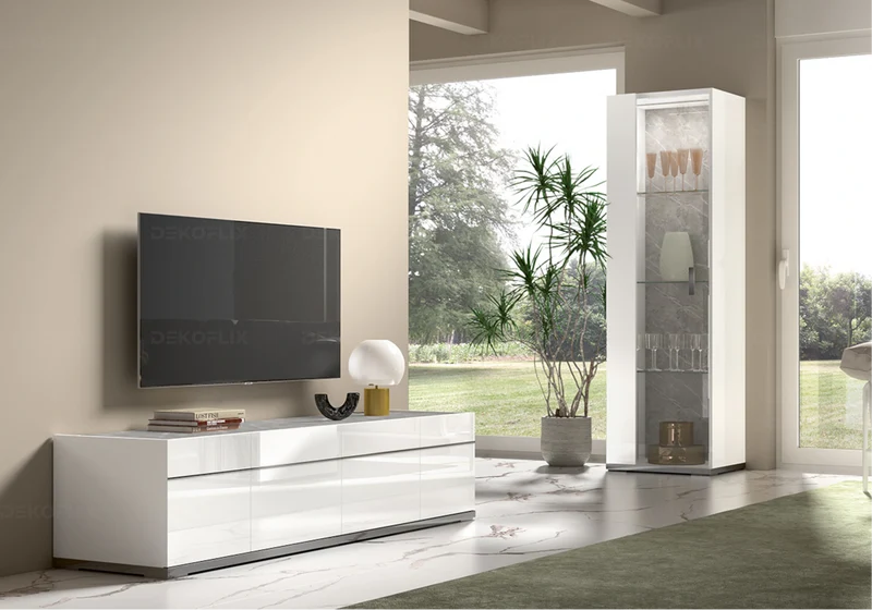 Meuble TV 3 ou 4 portes blanc laqué marbre gris - Mara