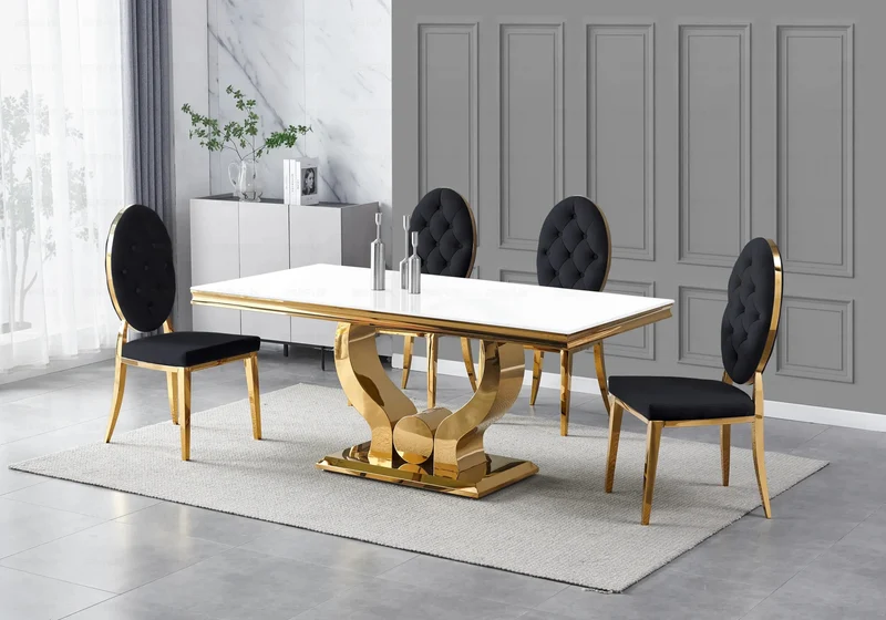 Table verre blanc et 4 chaises capitonnées doré – Omega