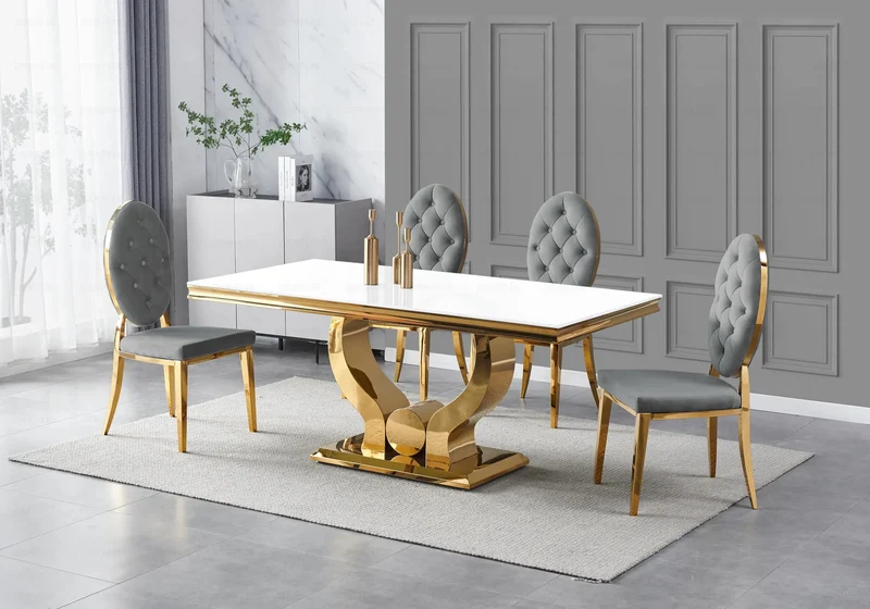 Table verre blanc et 4 chaises capitonnées doré – Omega