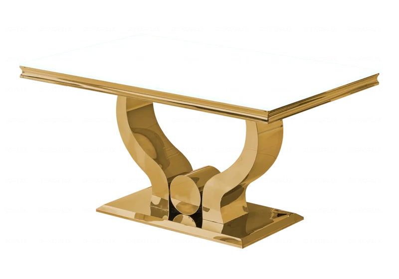 Table verre blanc et 4 chaises capitonnées doré – Omega