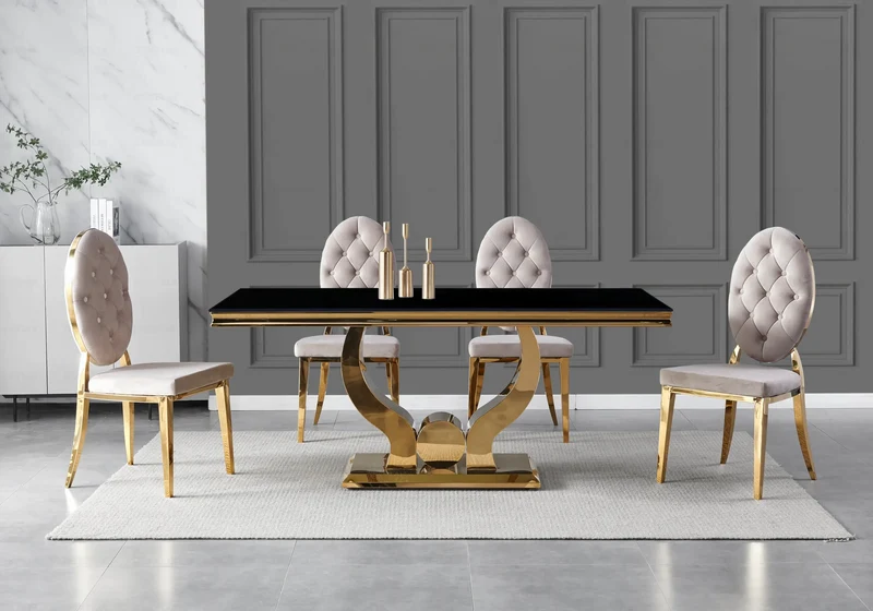 Table verre noir et 4 chaises capitonnées doré – Omega