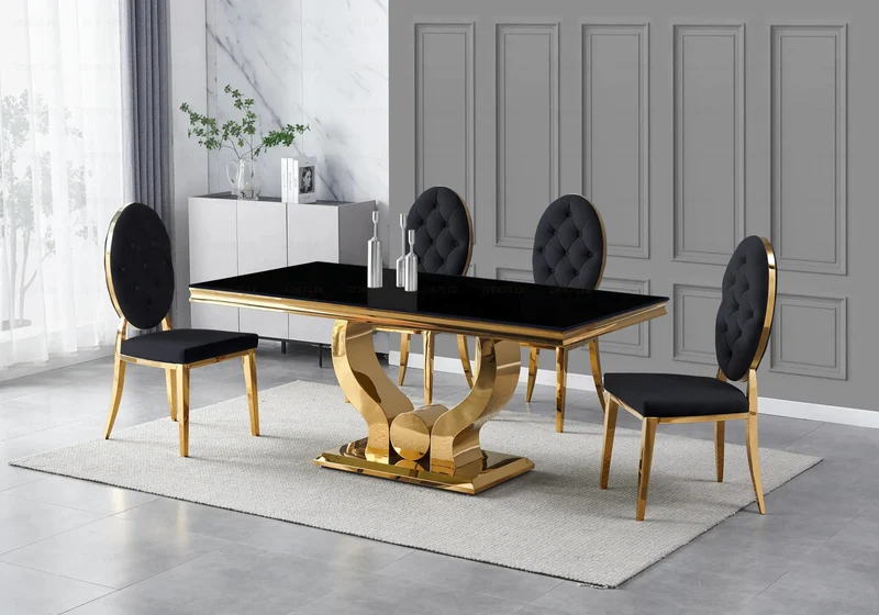 Table verre noir et 4 chaises capitonnées doré – Omega