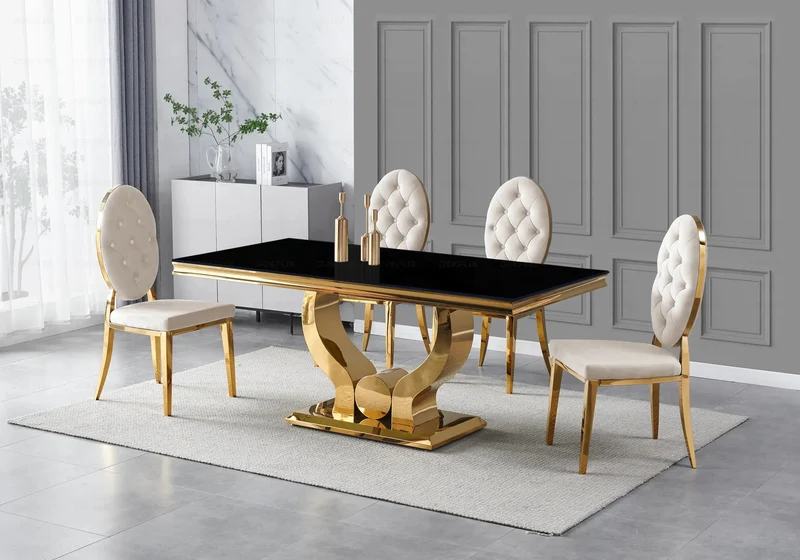 Table verre noir et 4 chaises capitonnées doré – Omega