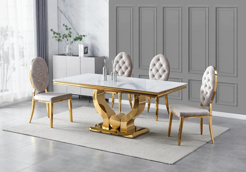 Table marbre blanc et 4 chaises capitonnées doré – Omega