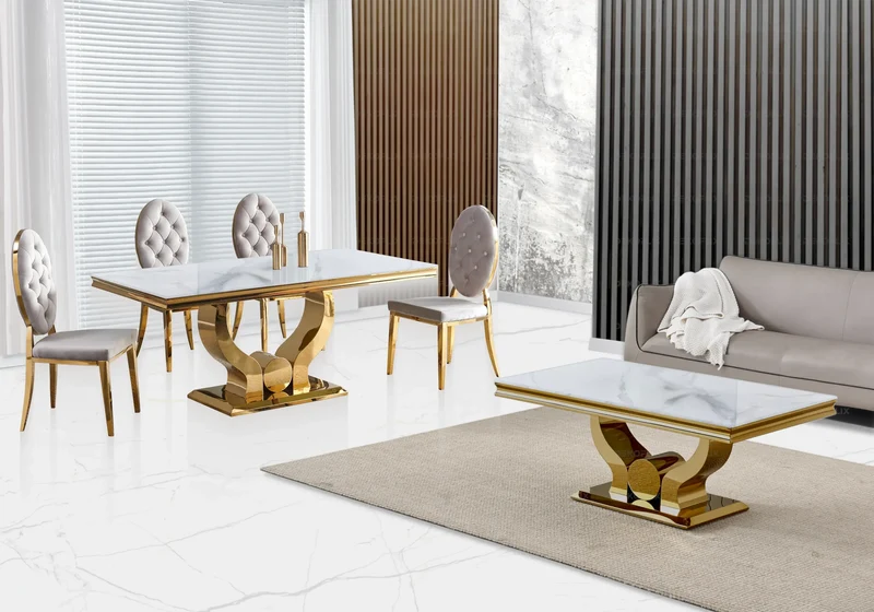 Table marbre blanc et 4 chaises capitonnées doré – Omega