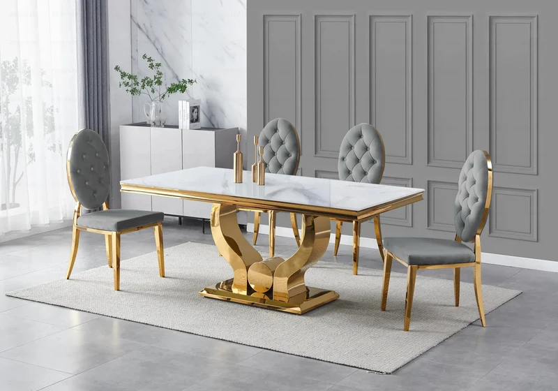 Table marbre blanc et 4 chaises capitonnées doré – Omega