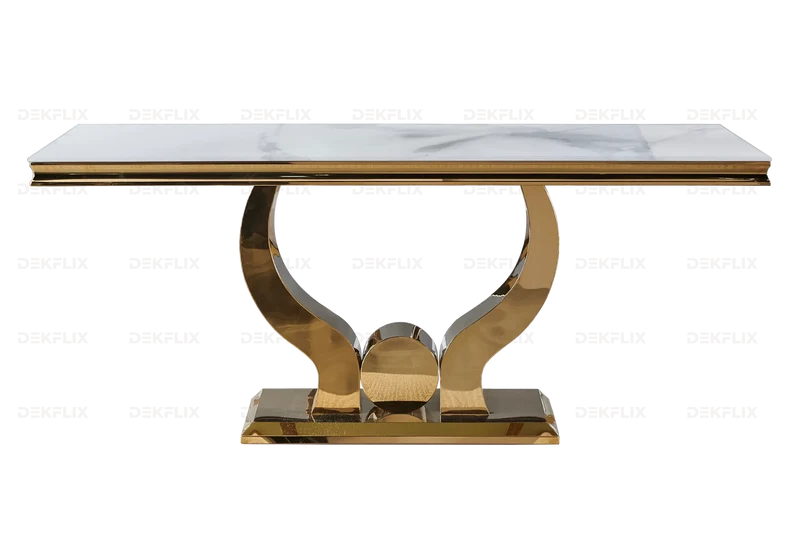 Table marbre blanc et 4 chaises capitonnées doré – Omega