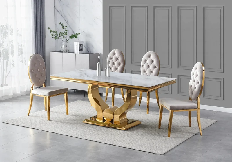 Table marbre beige et 4 chaises capitonnées doré – Omega