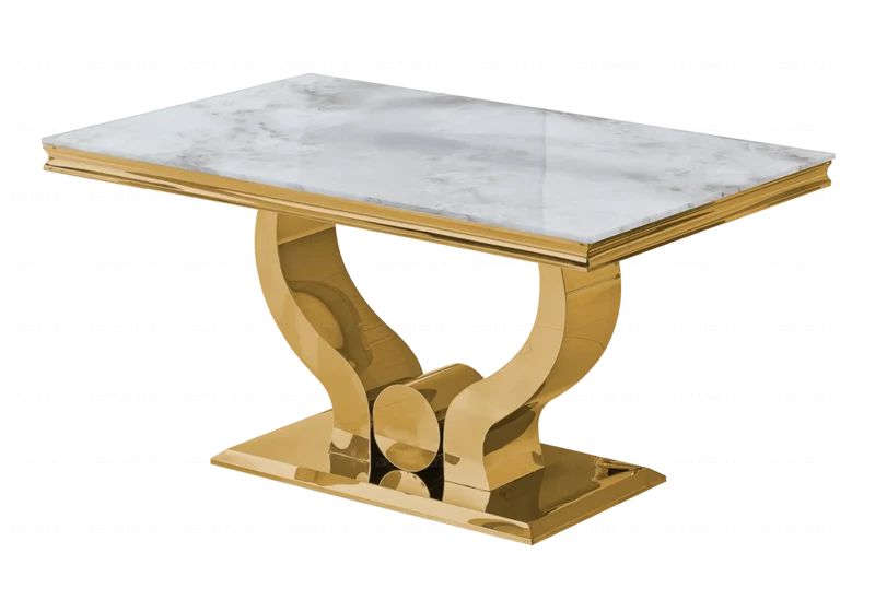 Table marbre beige et 4 chaises capitonnées doré – Omega