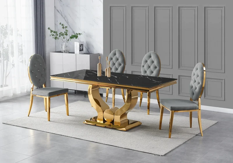 Table marbre noir et 4 chaises capitonnées doré – Omega