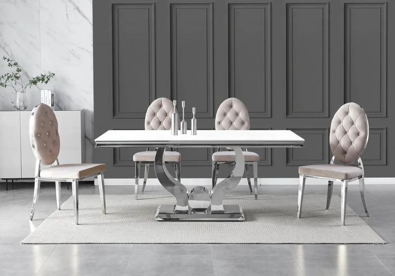 Table verre blanc et 4 chaises capitonnées argent – Omega