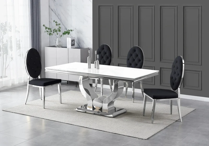 Table verre blanc et 4 chaises capitonnées argent – Omega