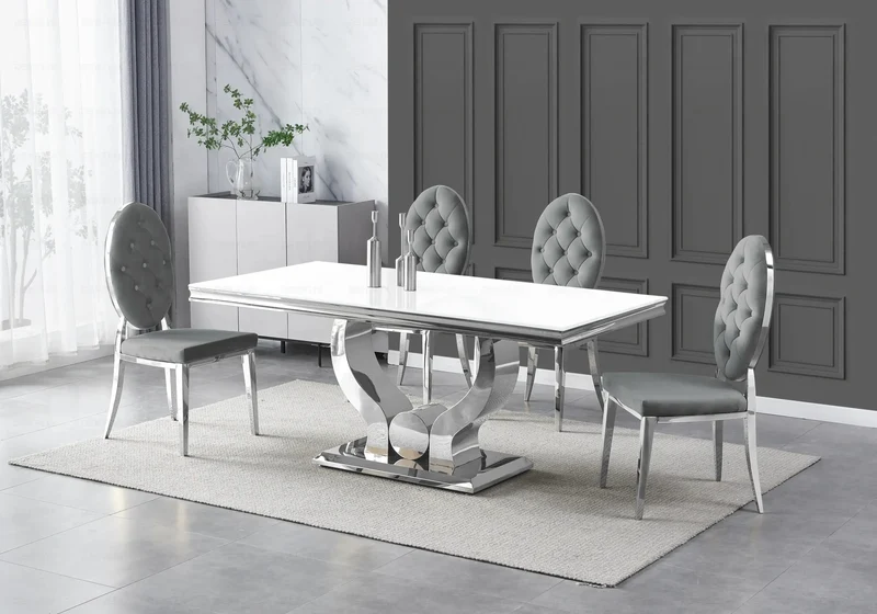 Table verre blanc et 4 chaises capitonnées argent – Omega