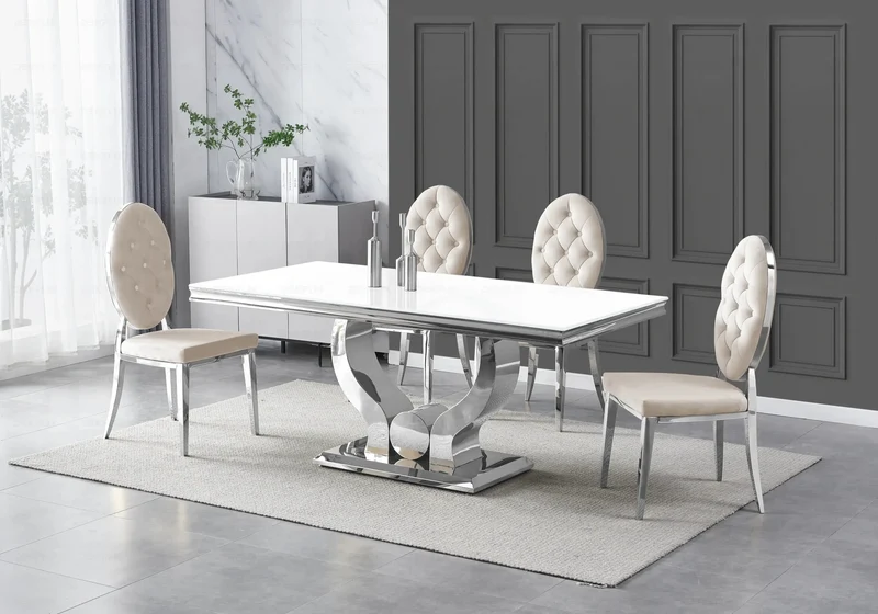 Table verre blanc et 4 chaises capitonnées argent – Omega