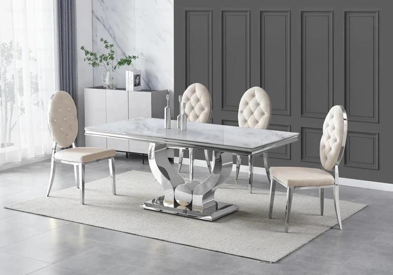 Table marbre beige et 4 chaises capitonnées argent – Omega