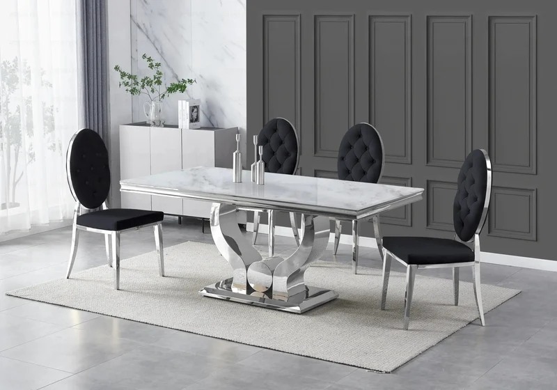 Table marbre blanc et 4 chaises capitonnées argent – Omega