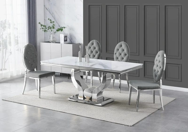 Table marbre blanc et 4 chaises capitonnées argent – Omega