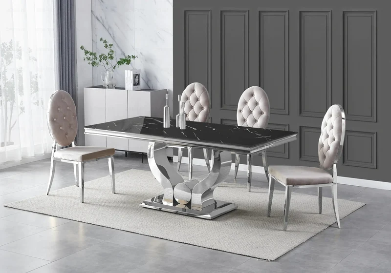 Table marbre noir et 4 chaises capitonnées argent – Omega