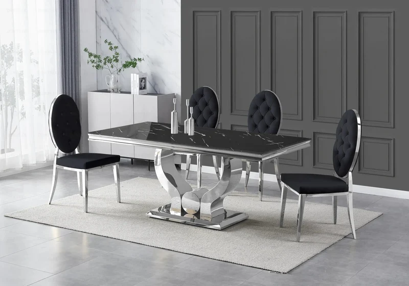 Table marbre noir et 4 chaises capitonnées argent – Omega