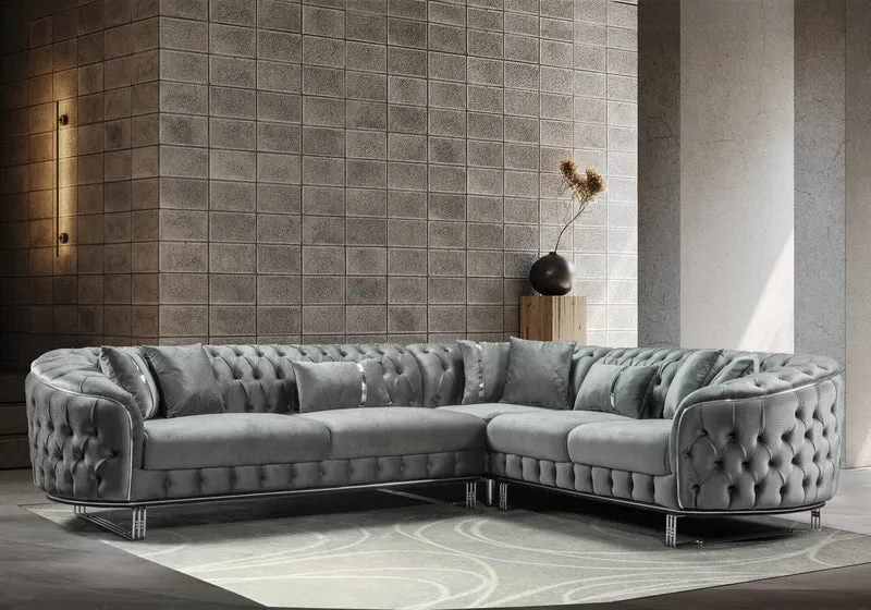 Canapé Turc Angle Capitonné Velours Gris Doré Chesterfield – PARIS