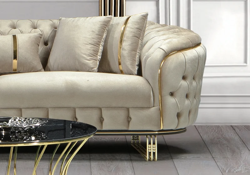 Canapé Turc Angle Capitonné Velours Beige Doré Chesterfield – PARIS