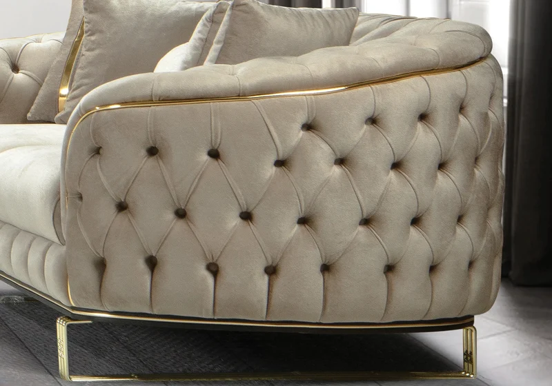 Canapé Turc Angle Capitonné Velours Beige Doré Chesterfield – PARIS