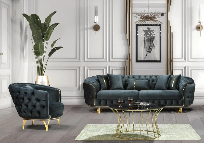 Canapé Turc Angle Capitonné Velours Anthracite Doré Chesterfield – PARIS