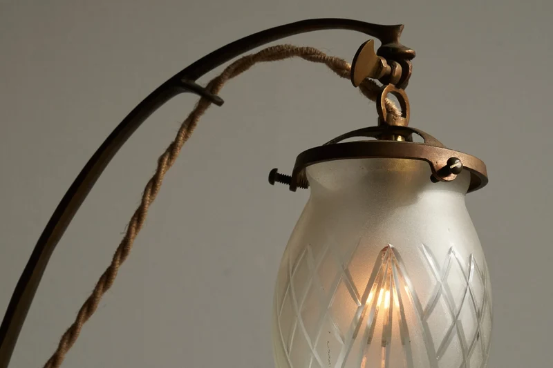 Vintage Art Nouveau Table Lamp in Sand Cast Brass and Etched Glass 1920s