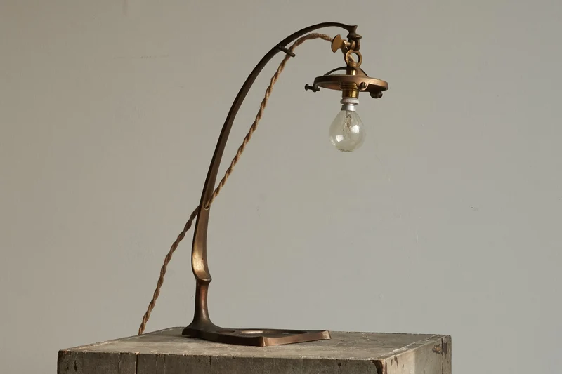 Vintage Art Nouveau Table Lamp in Sand Cast Brass and Etched Glass 1920s