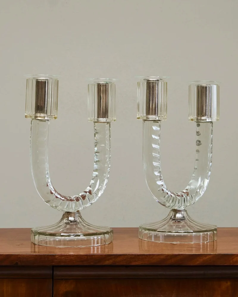 Wonderful Pair of Crystal Art Deco Candle Holders, France 1930s